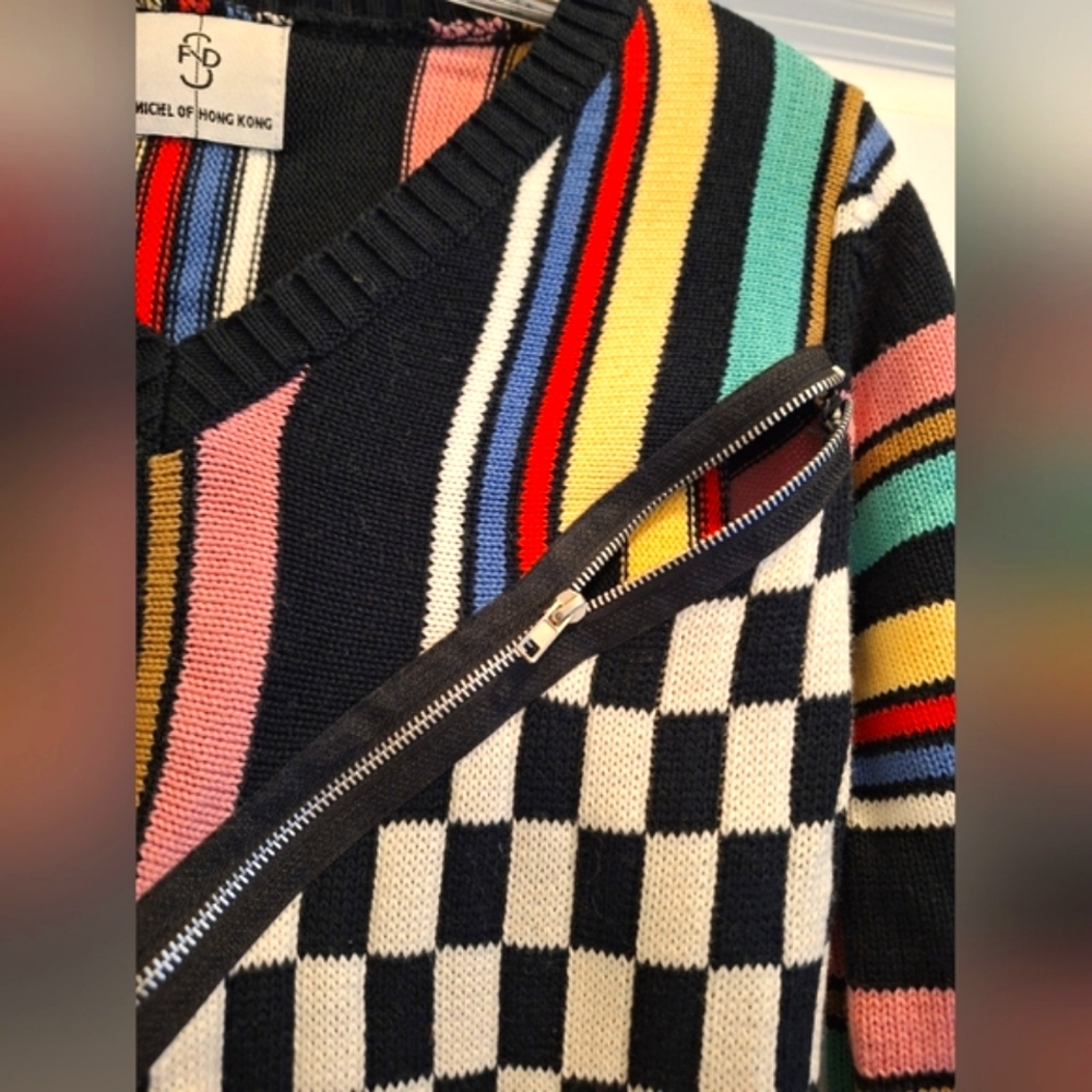 New Multi-Colored With Diagonal Zipper V-Neck Swe… - image 4